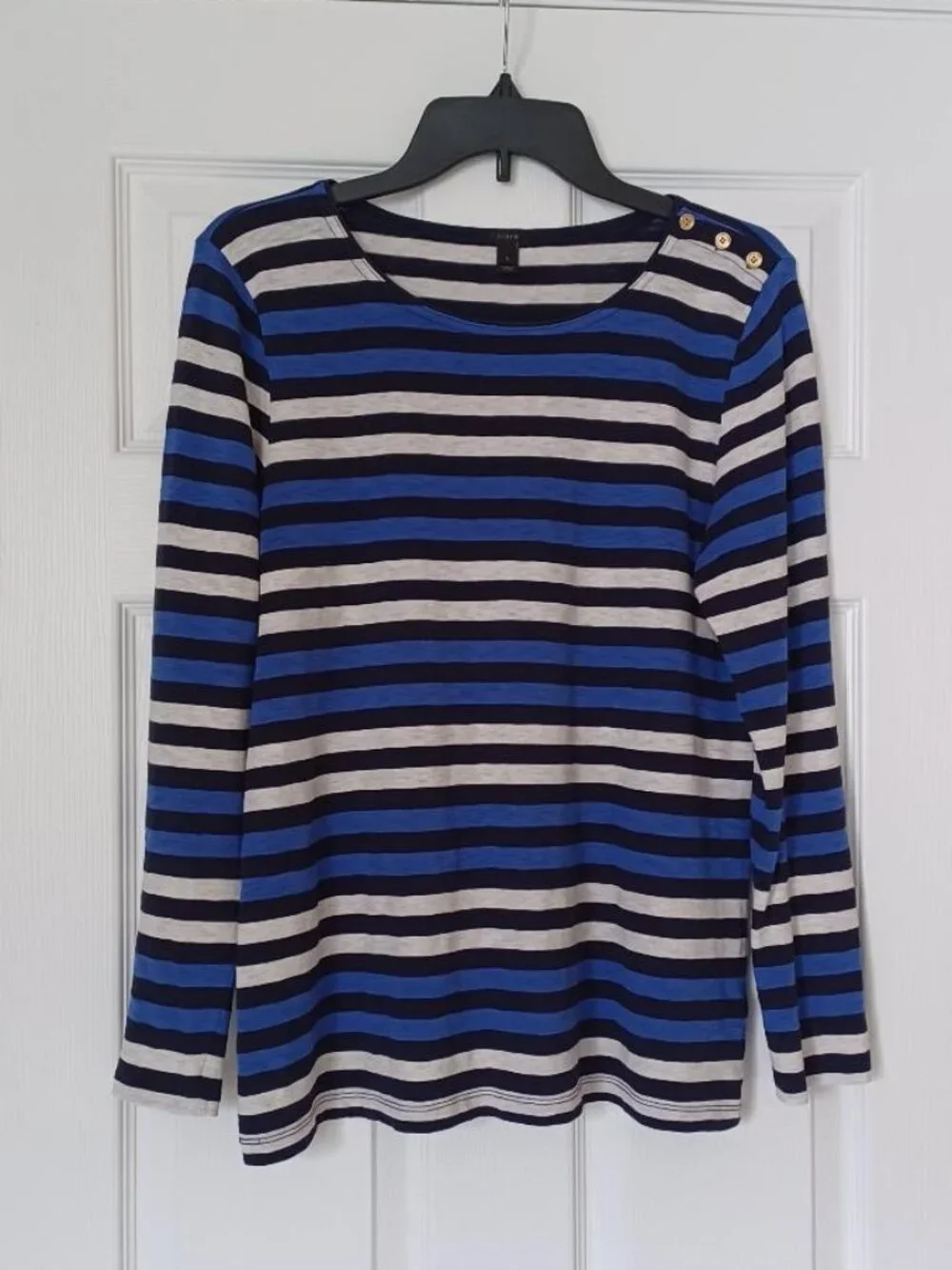 EUC J. Crew Striped Long Sleeve Tee w/Gold Buttons on Shoulder Size Large